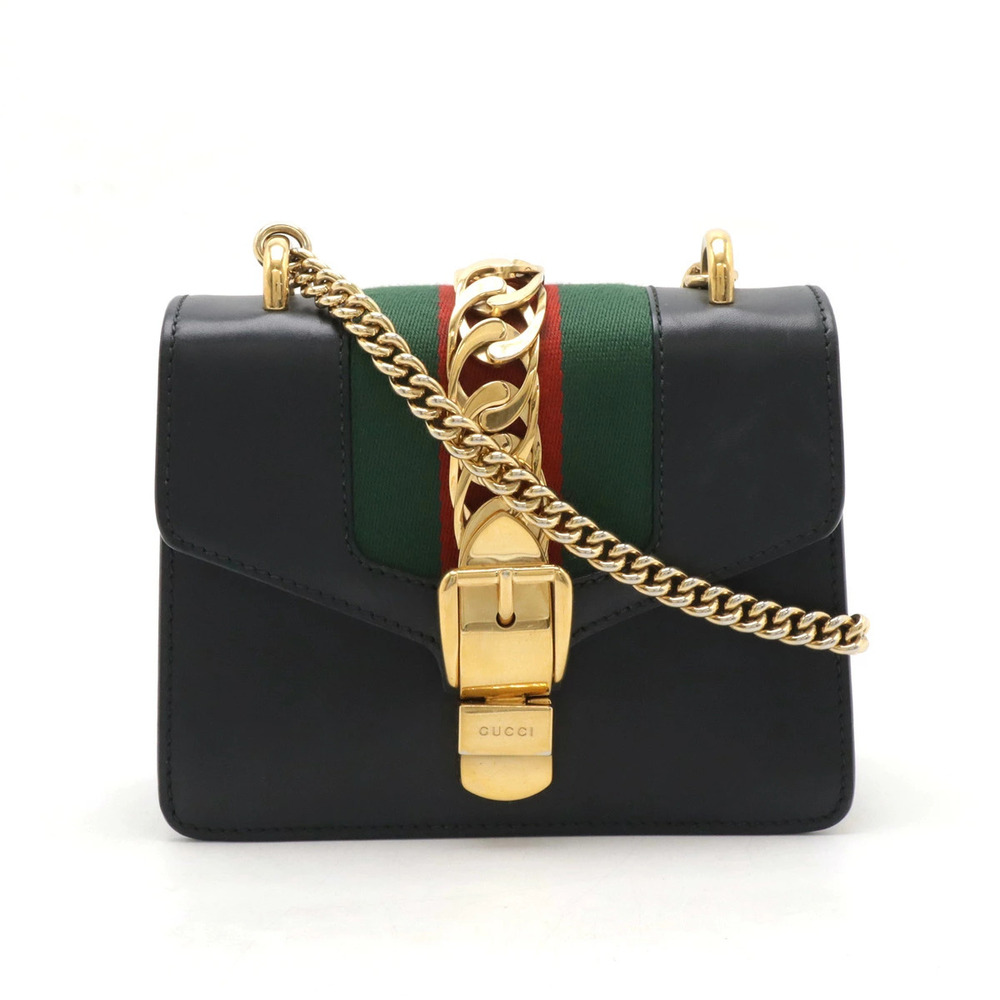 Gucci Sylvie Web Chain Bag Shoulder Pouch Clutch Leather Black Ribbon